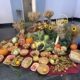 Die Erntegaben in der Kirche in Alt-Erkrath. Obst und Gemüse sind mit Garben und Sonnenblumen dekoriert.