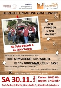 Screenshot_20241113_111323_Drive Das Plakat zur Veranstaltung "Wir swingen in den Advent" mit einem Foto von Peter Weisheit und den Dixie Tramps sowie allen Infos