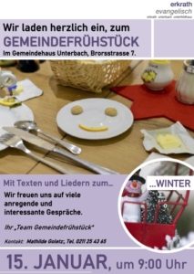 Das Plakat des Gemeindefrühstücks am 15.01. im Gemeindehaus Unterbach