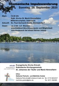 Plakat für die ökumenische Impulswanderung, im Hintergrund ein See